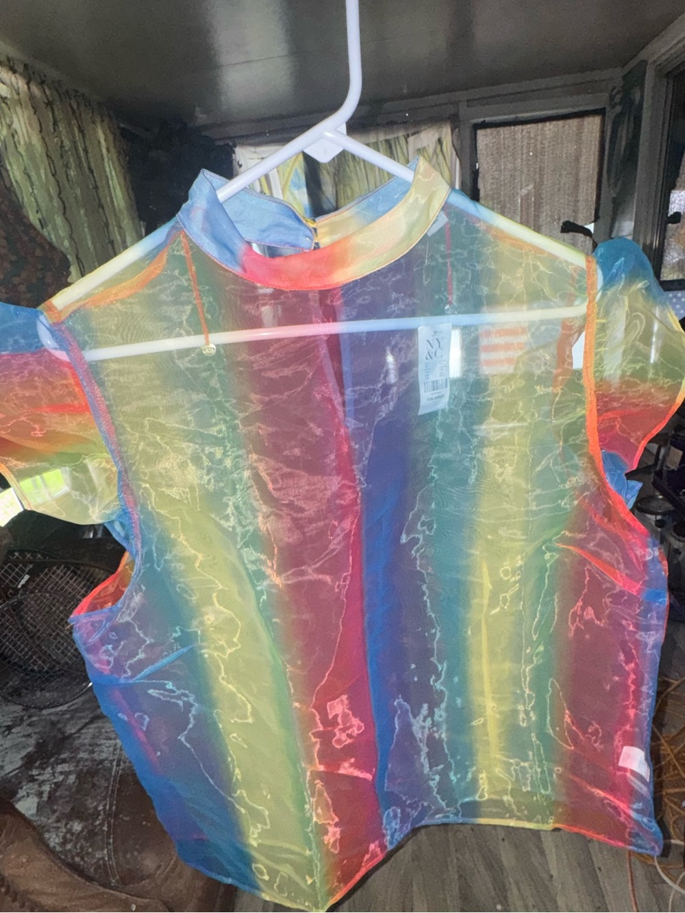 NWT Women’s plus size XXL New York & Company Rainbow Sheer Ruffle-Sleeve Top